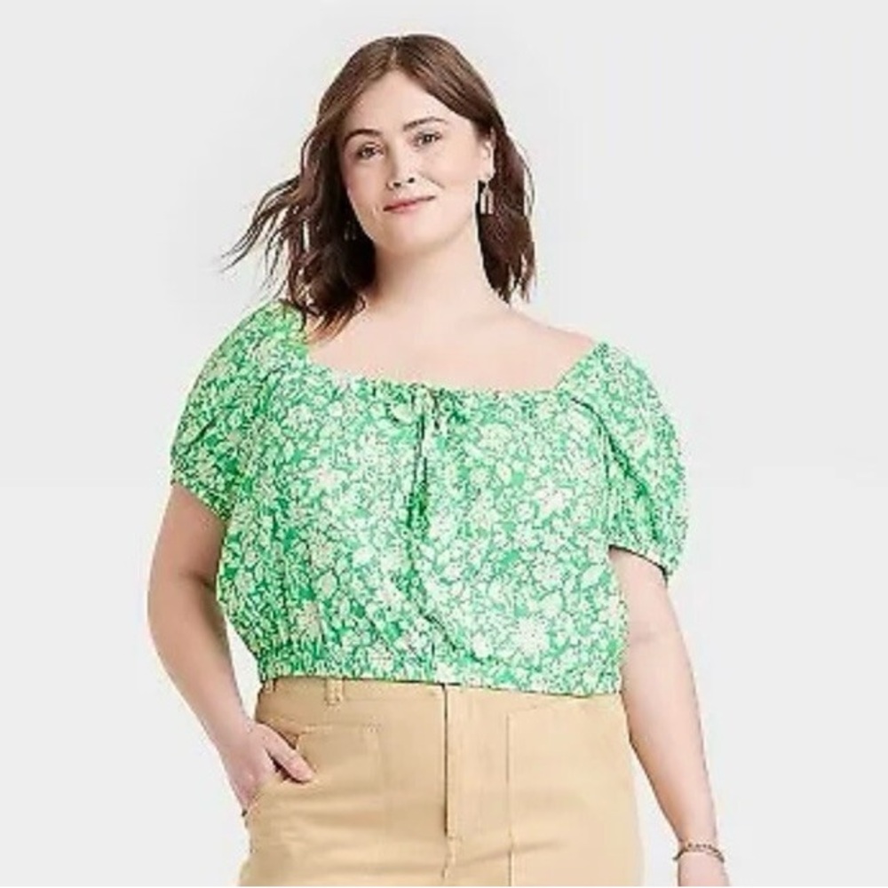 Universal Thread green white floral print peasant puff sleeve cropped top Large